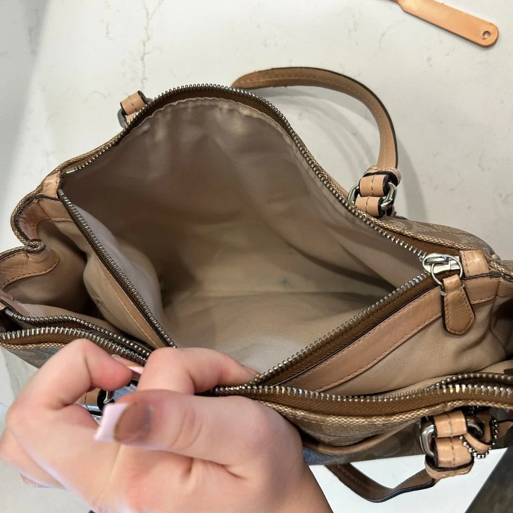 Coach Taylor Tote Brown Khaki Signature‎ Monogram Canvas Leather Shoulder Bag